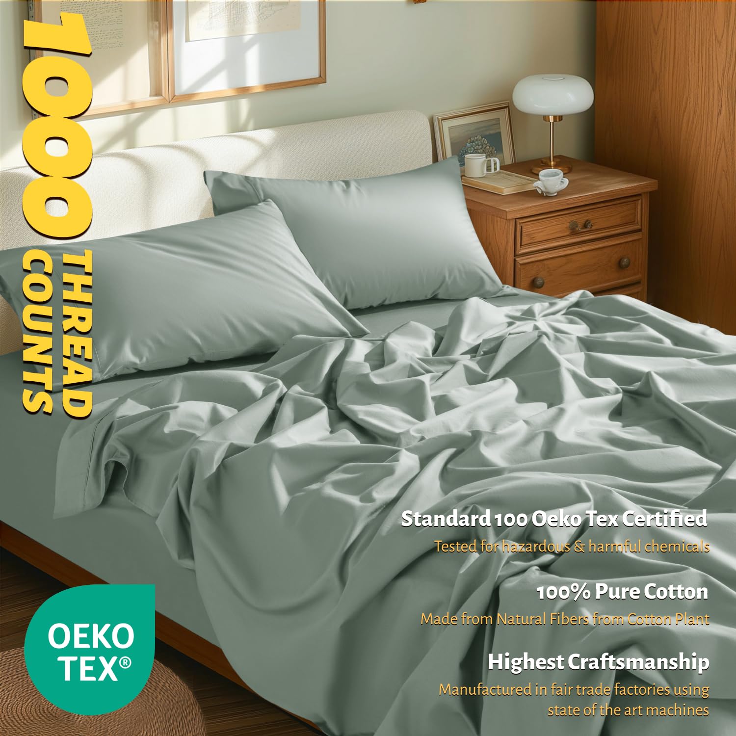 Shilucheng 100% Egyptian Cotton King Size Sheets Set - 1000 Thread Count,Luxury Cotton Bed Sheets,Breathable & Cooling Bedding And Pillow Cases, 16 Inch Deep Pocket - 4 Piece (Sea Glass, King)